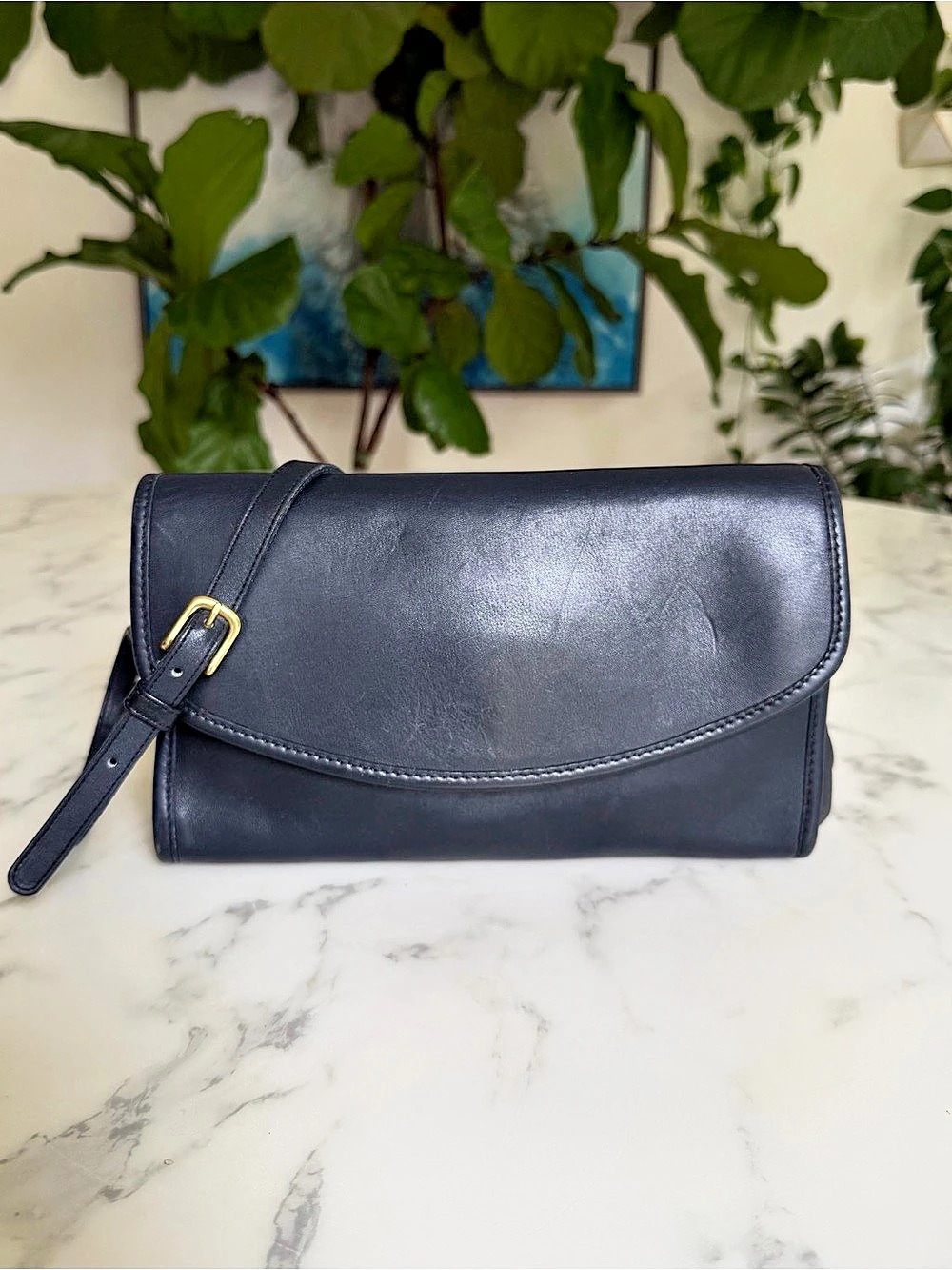 Coach Vintage Sterling Envelope Clutch Crossbody Bag 9945 Navy Blue Leather 90s